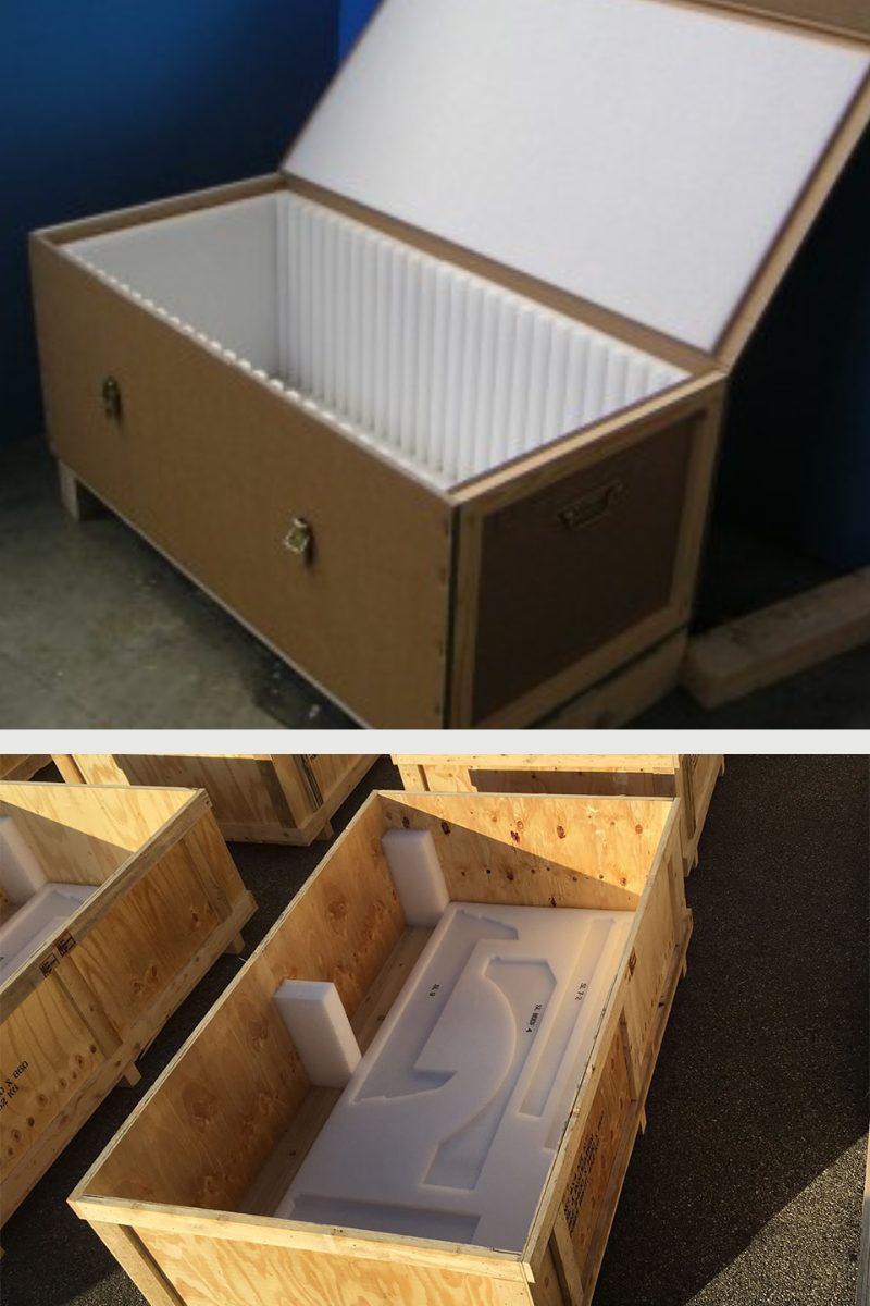 AJM - Emballages - Mousse de calage pour emballage - visuel d'un calage mousse caisse bois et d'un calage mousse carton